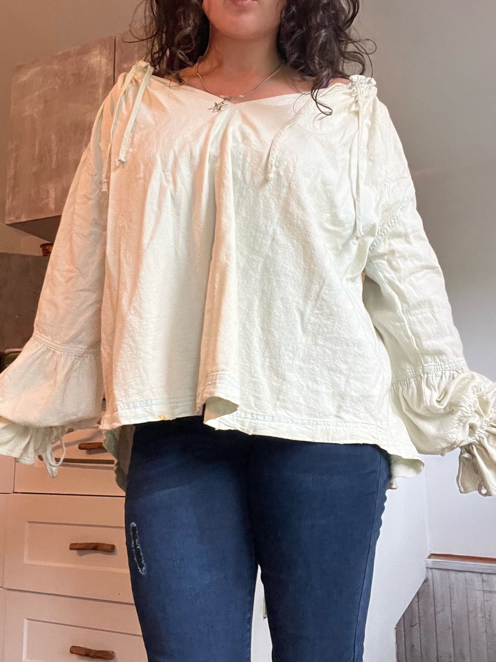 We The Free Cream Peasant Top with Tie-Detail Sleeves 100% cotton